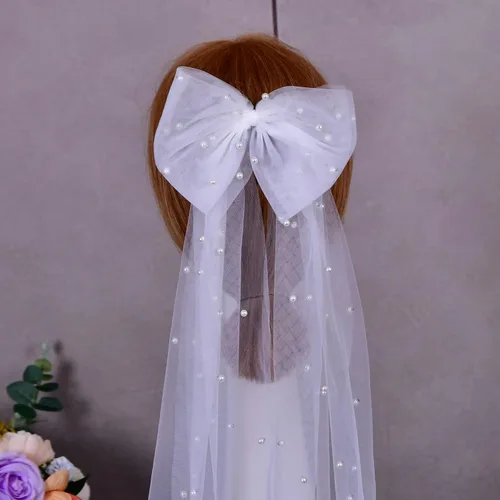 Vista 7 de Decoraciones de despedida de soltera blanco perla lazo para el cabello velo de boda accesorios para el cabello regalo de despedida de soltera
