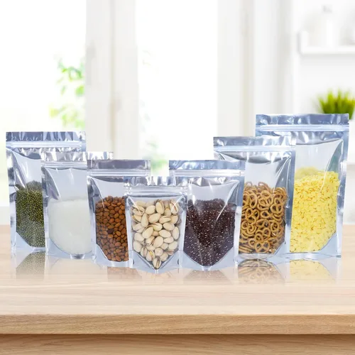 Vista 7 de Paquete de 100 bolsas de Mylar para almacenamiento de alimentos, papel de aluminio resellable, bolsa transparente de pie con ventana frontal de 3.94