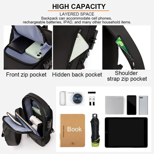 Vista 3 de Bolsa de motocicleta para hombre mochila cruzada impermeable sobre el hombro con carga USB Negro Mochilas Daypack