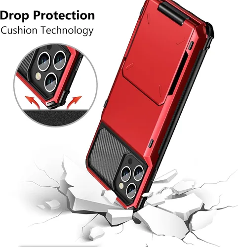 Vista 5 de Vofolen Funda para iPhone 15 Pro con tarjetero y 4 tarjetas de doble capa resistente a prueba de golpes, ranura oculta para tarjetas protectora Rojo