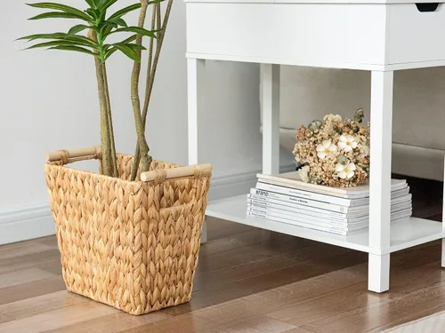 Vista 7 de StorageWorks Cestas de basura de mimbre, cestas de papel de jacinto de agua con asas de madera, botes de basura tejidos a mano para baño