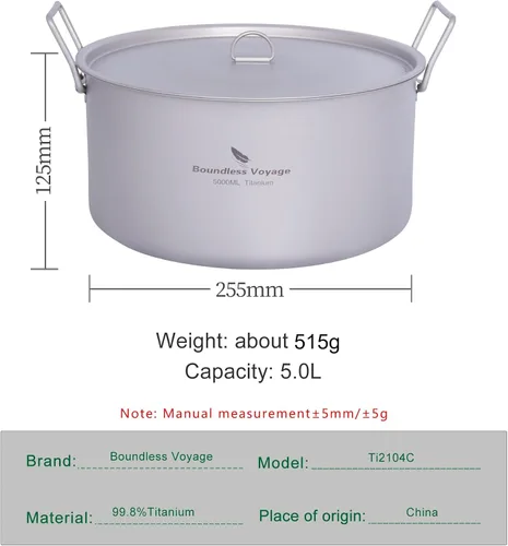 Vista 2 de Boundless Voyage Olla de cocina de titanio de 5L con tapa y mango plegable, olla grande para sopa para acampar al aire libre, senderismo, picnic