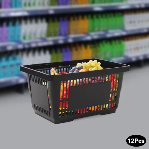 Vista 3 de Cesta de la compra con asas, cesta de comestibles portátil de 21 litros para supermercado, 12 unidades, cesta de la compra negra para librería