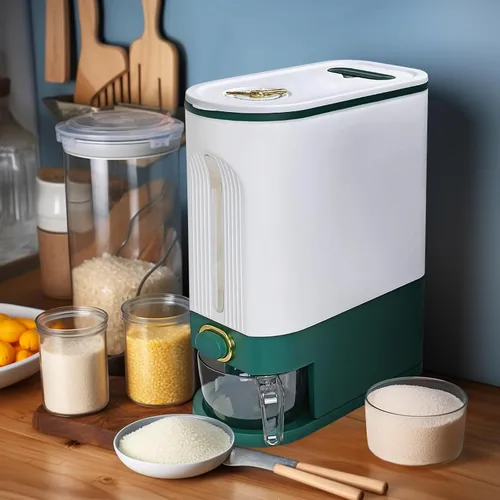 Vista 5 de LUOKER Dispensador de arroz, almacenamiento de arroz de 25 libras con taza medidora, recipiente de arroz blanco y verde con un solo toque