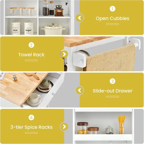 Vista 4 de Giantex Carrito de isla de cocina con ruedas, mesa de isla rodante con parte superior de madera de caucho, cajón, estante para especias de 3