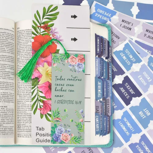 Vista 9 de Pestañas de índice de la Biblia católica española, pestañas del Nuevo y Antiguo Testamento, diseño floral laminado mate, suministros de diario