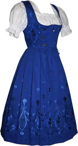 Vista 12 de Dirndl Trachten Haus Vestido de tirolesa bávara para mujer azul largo de 3 piezas para el Oktoberfest alemán
