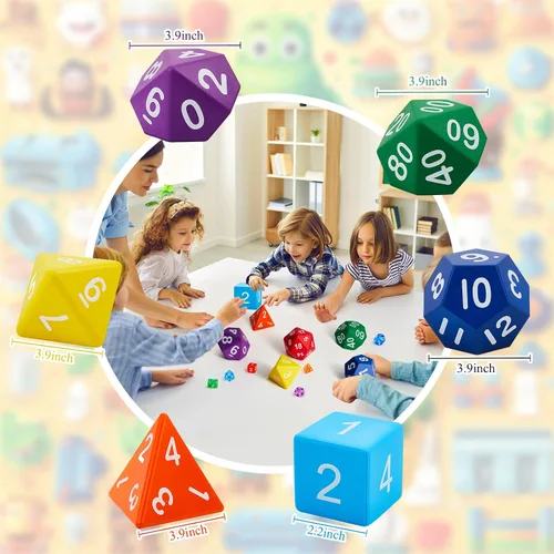 Vista 2 de Arrowbash 6 Piezas Dados Poliédricos Jumbo de Espuma de 3.94 Pulgadas, Juego de 6 Dados Poliédricos de 4, 6, 8, 10, 12 Lados, Regalos