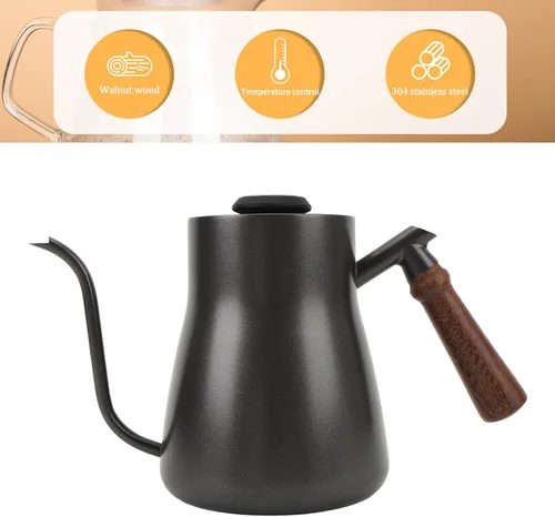 Vista 9 de Hervidor de café de cuello de cisne, hervidor de café de 28.7 fl oz con termómetro, boquilla larga y delgada, mango de madera de acero inoxidable