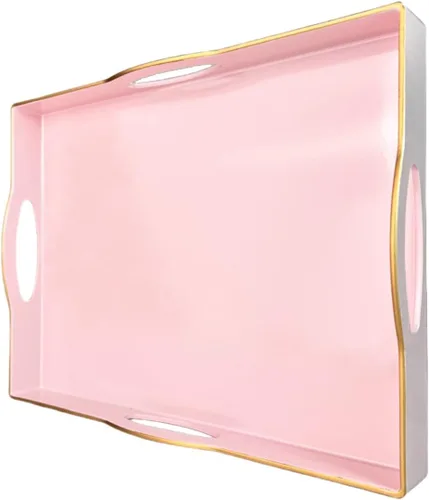 Vista 15 de Bandeja de servir azul con 4 asas, bandeja decorativa de plástico para mesa de café, otomana - Ideal para sala de estar y baño. 15 x 11 x 1.9