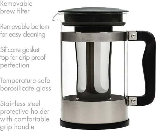 Vista 3 de Primula Kedzie - Cafetera helada de lujo con mango de agarre cómodo, jarra de vidrio duradera, filtro de malla extraíble, 6 tazas, acero inoxidable