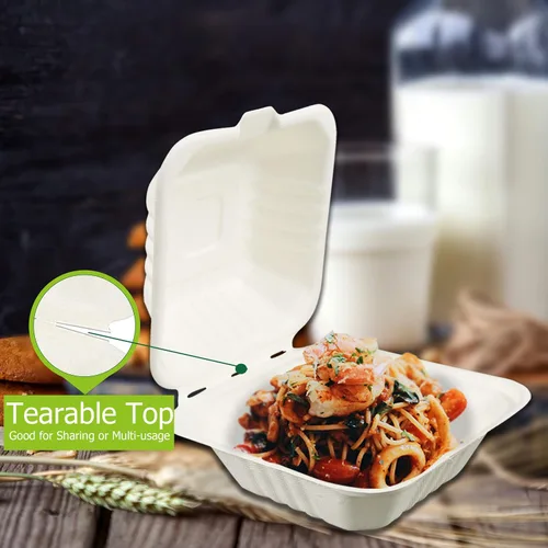 Vista 5 de Green Earth Concha compostable de 6 pulgadas, 100 unidades ecológicas Bagazo natural, cajas para llevar, tapa con bisagras, apta para microondas
