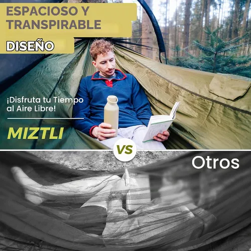 Vista 3 de Miztli Hamaca de camping – Hamaca portátil con amplia red y correas de árbol con bucles ajustables, hamaca doble e individual para exteriores