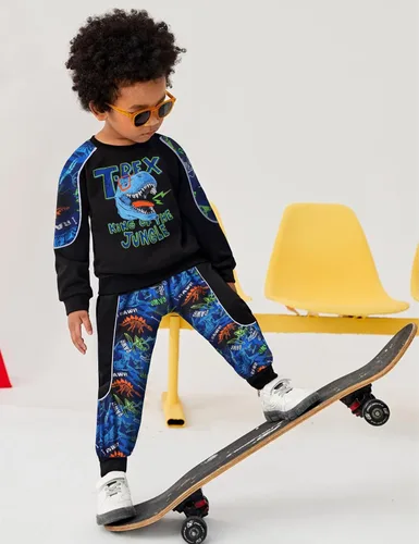 Vista 3 de KANGKANG Conjunto de sudadera de manga larga con estampado de letras para niños pequeños, conjunto de pantalones con estampado de dinosaurio