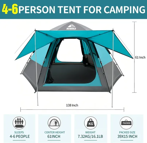 Vista 4 de Hewolf 2/3/4 Person Camping Tent - Instant Pop Up Waterproof 2 Doors Tent with Easy Setup 3-Season Hexagonal Dome Design for Family, Hiking &