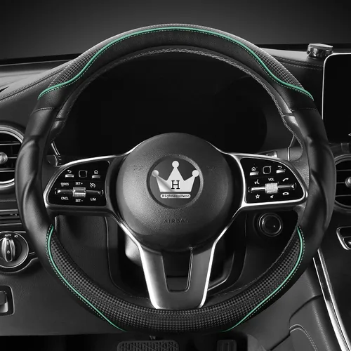 Vista 13 de HighnessHwoo Funda 3D para volante de automóvil, agarre cómodo, masaje deportivo, antideslizante, de fibra de carbono, piel sintética para sedán
