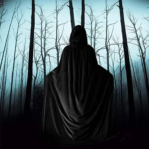 Vista 4 de Capa negra con capucha para Halloween de 59 pulgadas, capa larga de terciopelo para Halloween, disfraces de Halloween, accesorios de bruja de mago