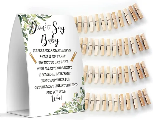 Vista 6 de Juego de texto en inglés "Don't Say Baby", un letrero de 5 x 7 pulgadas y 50 mini pinzas para la ropa, juegos de baby shower, decoración de baby