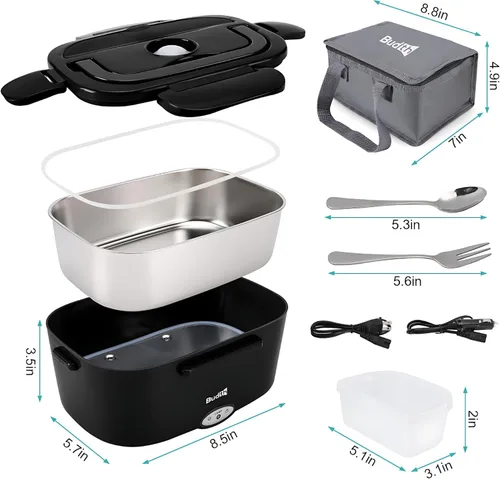 Vista 2 de Lonchera eléctrica, calentador de alimentos portátil para automóvil, camión, oficina, adaptador de 12 V, 24 V, 110 V, a prueba de fugas, recipiente