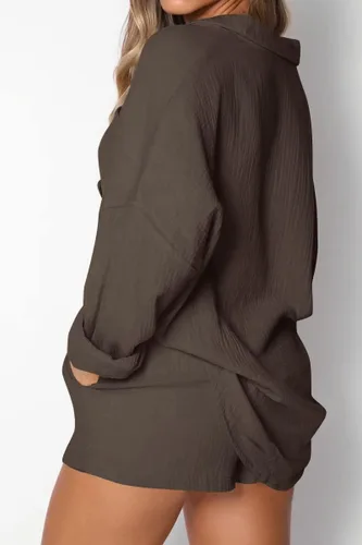 Vista 2 de AUTOMET 2 Piece Outfits For Women Lounge Sets Pajama Sets Long Sleeve Button Down Oversized Shirts And Shorts Fall Tracksuit