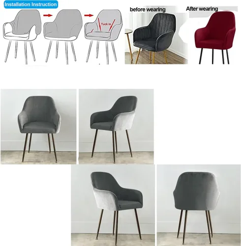 Vista 4 de Fundas protectoras de terciopelo elástico para sillas de comedor con brazos y respaldo curvado pequeño, juego de 6/4/2 para cocina, oficina, hogar