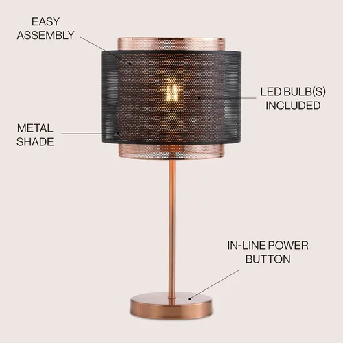 Vista 2 de JONATHAN Y Lámpara de mesa de cobre y metal negro de 19.7 pulgadas, moderna lámpara de escritorio industrial de doble malla para dormitorio, sala