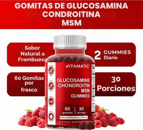 Vista 4 de Condroitina de glucosamina vitamática con MSM y vitamina E - 60 gomitas Sabor natural de frambuesa, fórmula de apoyo articular*, a base