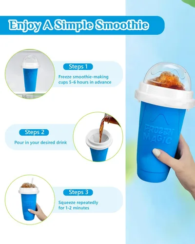 Vista 4 de Bollove - Vaso para granizar, tazas mágicas para hacer granizados para hacer tú mismo, taza portátil para jugos, leche y helado, doble capa de Azul