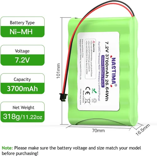 Vista 5 de NASTIMA Batería de repuesto de 7.2V 3700mAh para DSC IMPASSAS 9057, 6PH-H-4/3A3600-S-D22, batería recargable Ni-MH de 7.2V