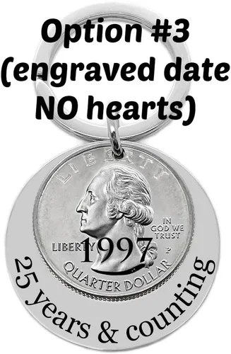 Vista 4 de 25th anniversary gift, 2000, 1999, 1998 1997 1996 1995 silver quarter key chain, 25 years and counting. 1994