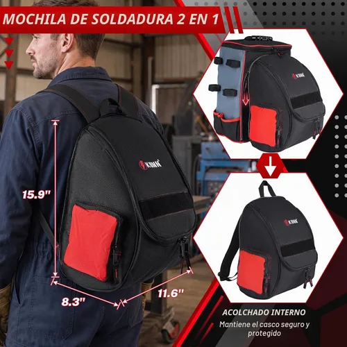 Vista 3 de KUNN Mochila de soldadura con bolsa desmontable para casco Rojo