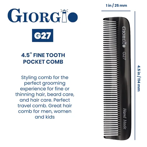 Vista 3 de Giorgio G27 - Peine de bolsillo para dientes finos, hecho a mano, alisador de pelo para el cuidado diario del cabello, bigote y barba para hombres