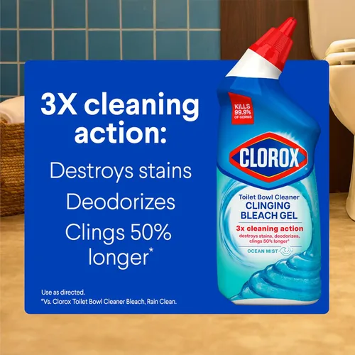 Vista 2 de Clorox Limpiador de inodoro, gel blanqueador adherente, mata el 99.9% de bacterias y virus, niebla oceánica, 24 onzas líquidas, paquete de 2