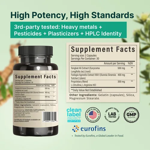 Vista 3 de Tongkat Ali Fadogia Agrestis - 1200 mg, mejorado con suplemento de refuerzo de óxido nítrico, Longjack Tongkat Ali para hombres, *Hecho y probado
