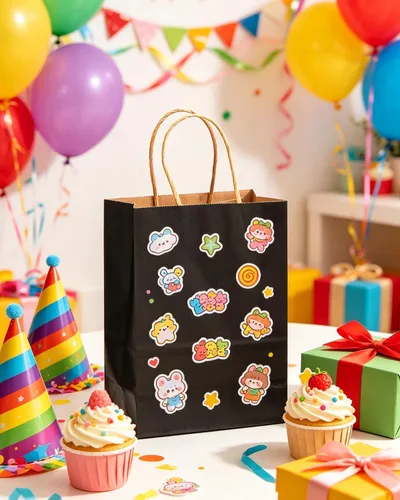 Vista 6 de qiqee Paquete de 26 bolsas de regalo negras con asas a granel de 8.3 x 3 x 6 pulgadas, bolsas de papel kraft de tamaño pequeño para fiestas