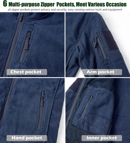 Vista 5 de CARWORNIC Chamarras tácticas de forro polar con capucha para hombre, con cremallera completa, para invierno, cálido, militar, para senderismo