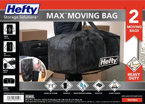 Vista 2 de Bolsa de mudanza Hefty – Mochila extragrande con doble cremallera – Resistente, resistente al agua, plegable, reutilizable para embalaje