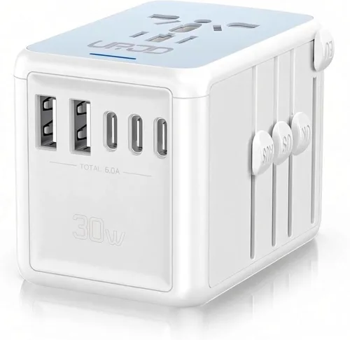 Vista 8 de Adaptador universal de viaje, carga rápida PD de 35 W, 5 puertos USB C/A 2500W AC Outlet, International Power Adapter for Europe UK US AU 200+