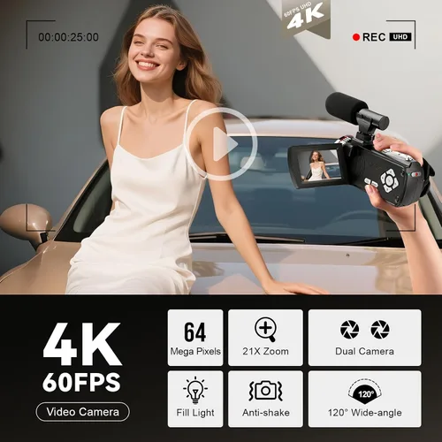 Vista 3 de Videocámara 4K UHD de 64MP para YouTube TikTok, doble lente gran angular de 120°, zoom digital 18X, pantalla IPS de 3.0 pulgadas, micrófono externo