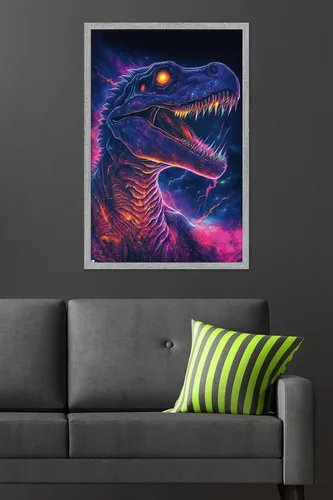 Vista 6 de Trends International Wumples - Neon Dinosaur Wall Poster, 34L x 22.4W, Gray Framed Version