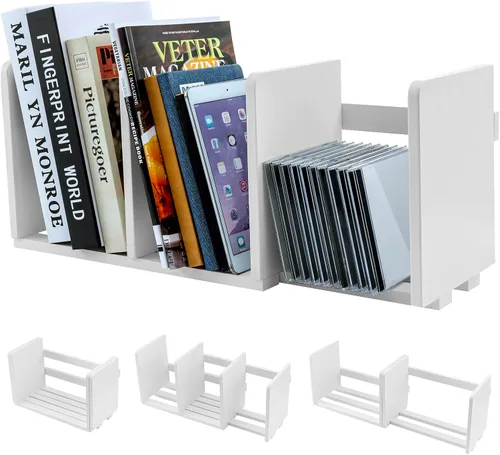 Vista 9 de Estantería de escritorio de madera extensible/organizador de almacenamiento ajustable estante de exhibición, blanco Expandable width adapts to
