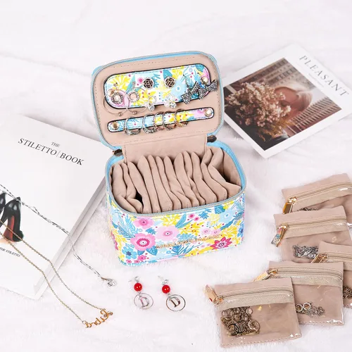 Vista 7 de Angelina's Palace Estuche organizador de joyas, regalos de dama de honor, bolsa de viaje, caja de cuero vegano para collar, aretes, pulsera, anillo