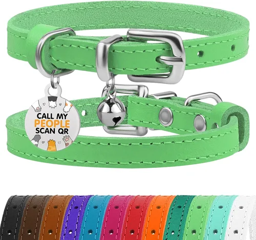 Vista 9 de BRONZEDOG Collar de cuero para gato con campanas extraíbles sin liberación rápida, etiqueta QR para gatito para niña y niño