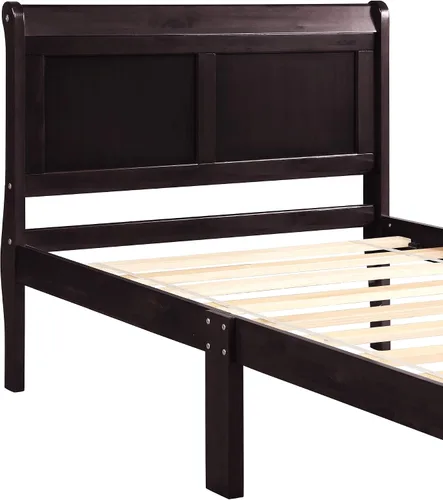 Vista 5 de Base de cama de trineo de madera individual, cama de plataforma con cabecero y estribo, listones de madera, no necesita somier, diseño resistente