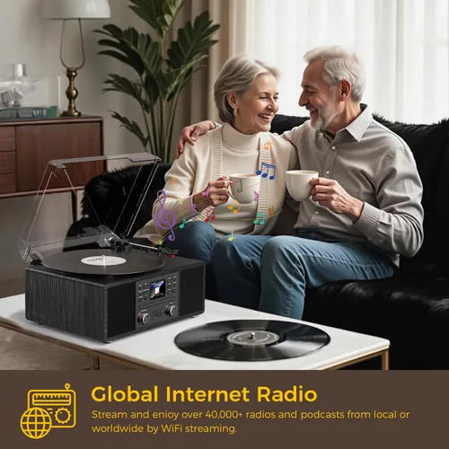 Vista 2 de Tocadiscos de vinilo Bluetooth con CD y radio por Internet, tocadiscos de 3 velocidades con grabación USB, salida AUX/RCA, control remoto y tono