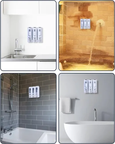 Vista 6 de Dispensadores de champú para ducha, dispensador de jabón montado en la pared, 2 cámaras, acondicionador y jabón corporal, juego de dispensador