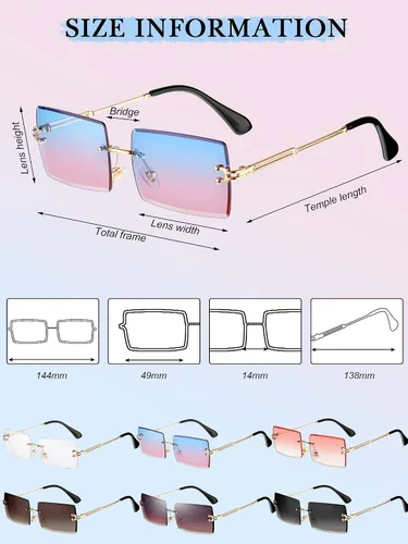 Vista 2 de Weewooday 6 pares de gafas de sol rectangulares sin montura elegantes gafas cuadradas sin marco, color caramelo, gafas unisex para mujeres y hombres