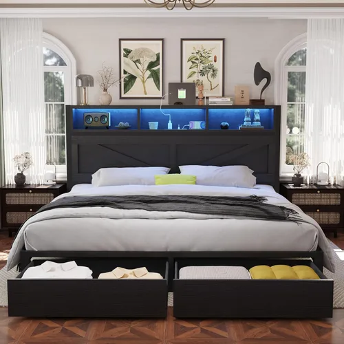 Vista 10 de Marco de cama Queen estilo granja con cabecero con estantería y cajones de almacenamiento, luces LED y estación de carga, no necesita somier, sin