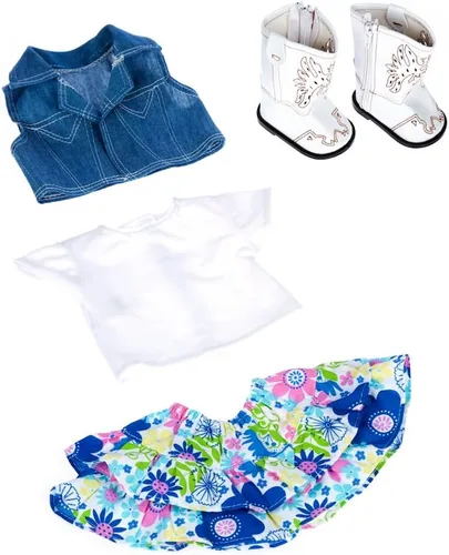 Vista 8 de Feeling Happy - Conjunto de 4 piezas – falda, camiseta blanca, chaleco de mezclilla azul y botas de vaquera blancas – Ropa para muñecas de 18