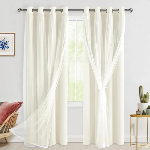 Vista 113 de Hiasan Cortinas opacas con superposición transparente, aislamiento térmico para mezclar y combinar de doble capa, cortinas de oscurecimiento de Beige